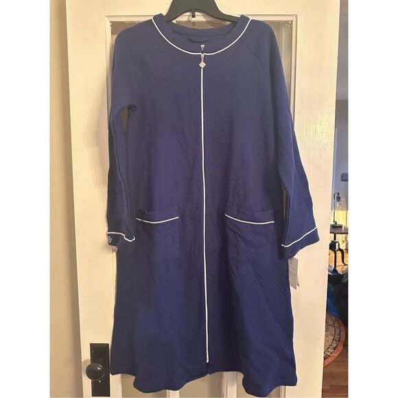 EILEEN WEST NAVY QUILTED LONG SLEEVE ZIP FRONT ROBE XS - Picture 3 of 6